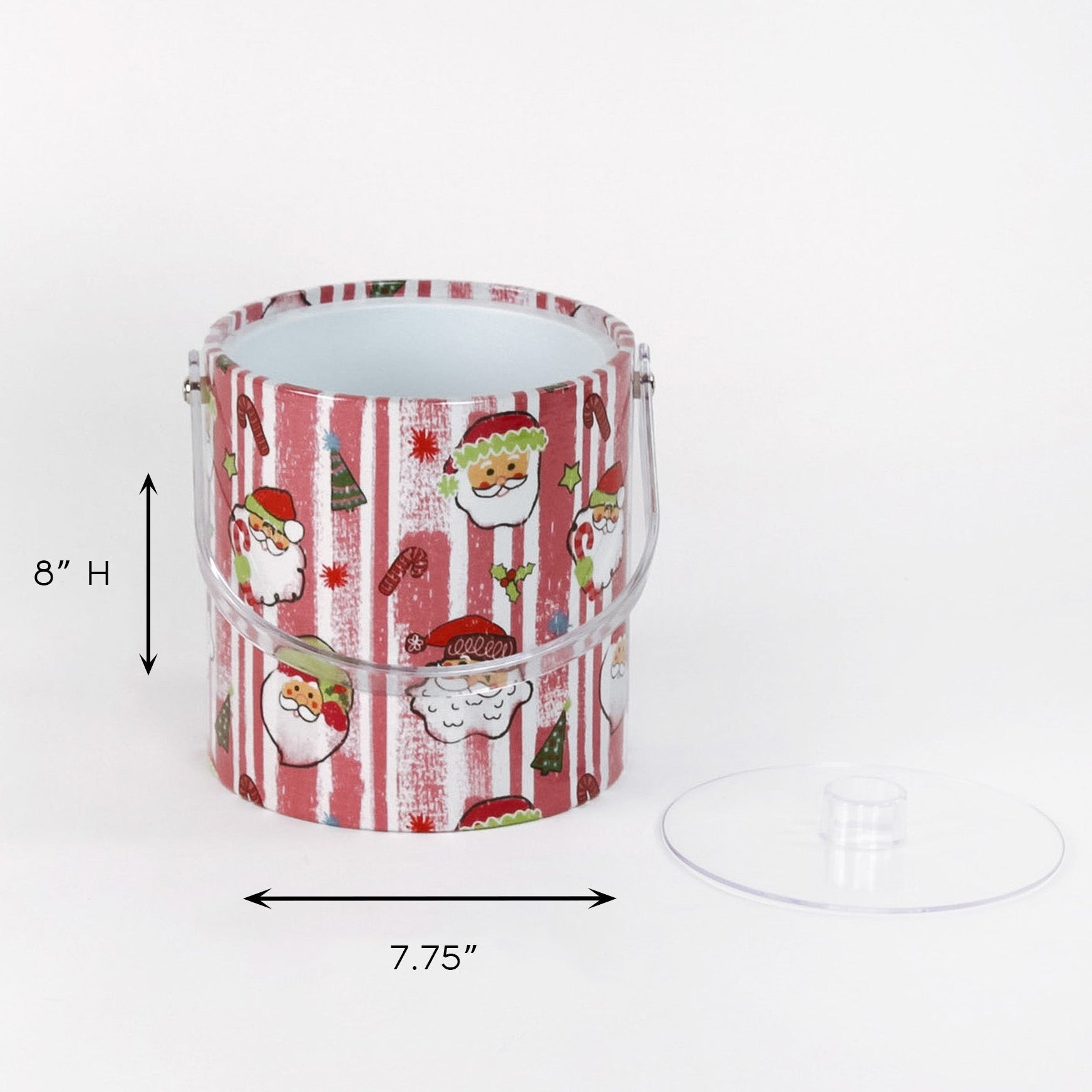 Jolly Santas is a pink and white stiped fabric with jolly santa motif on a 3 quart acrylic Christmas ice bucket with a dimension of 8" by 7.75"