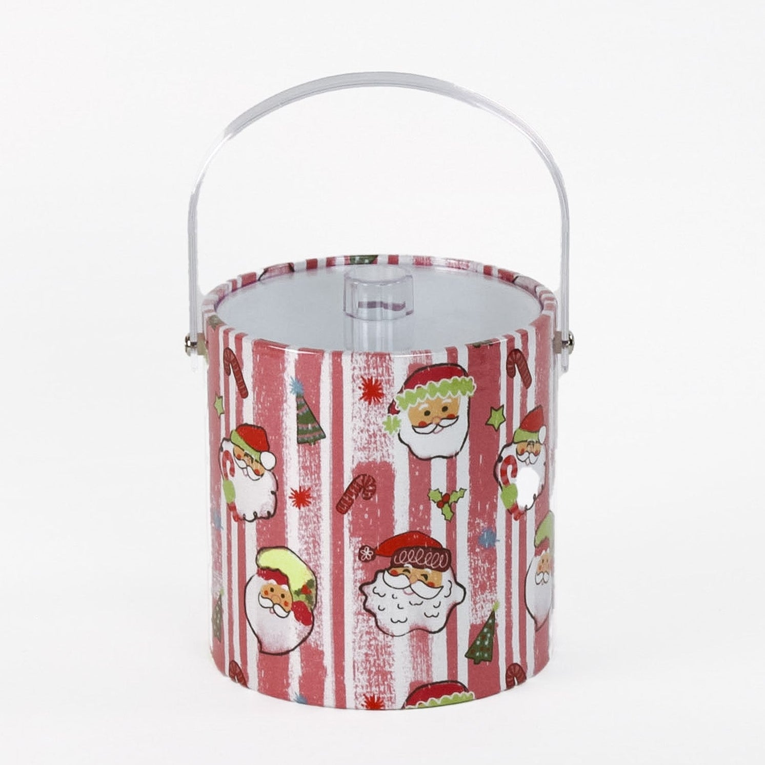 Jolly Santas is a pink and white stiped fabric with jolly santa motif on a 3 quart acrylic Christmas ice bucket
