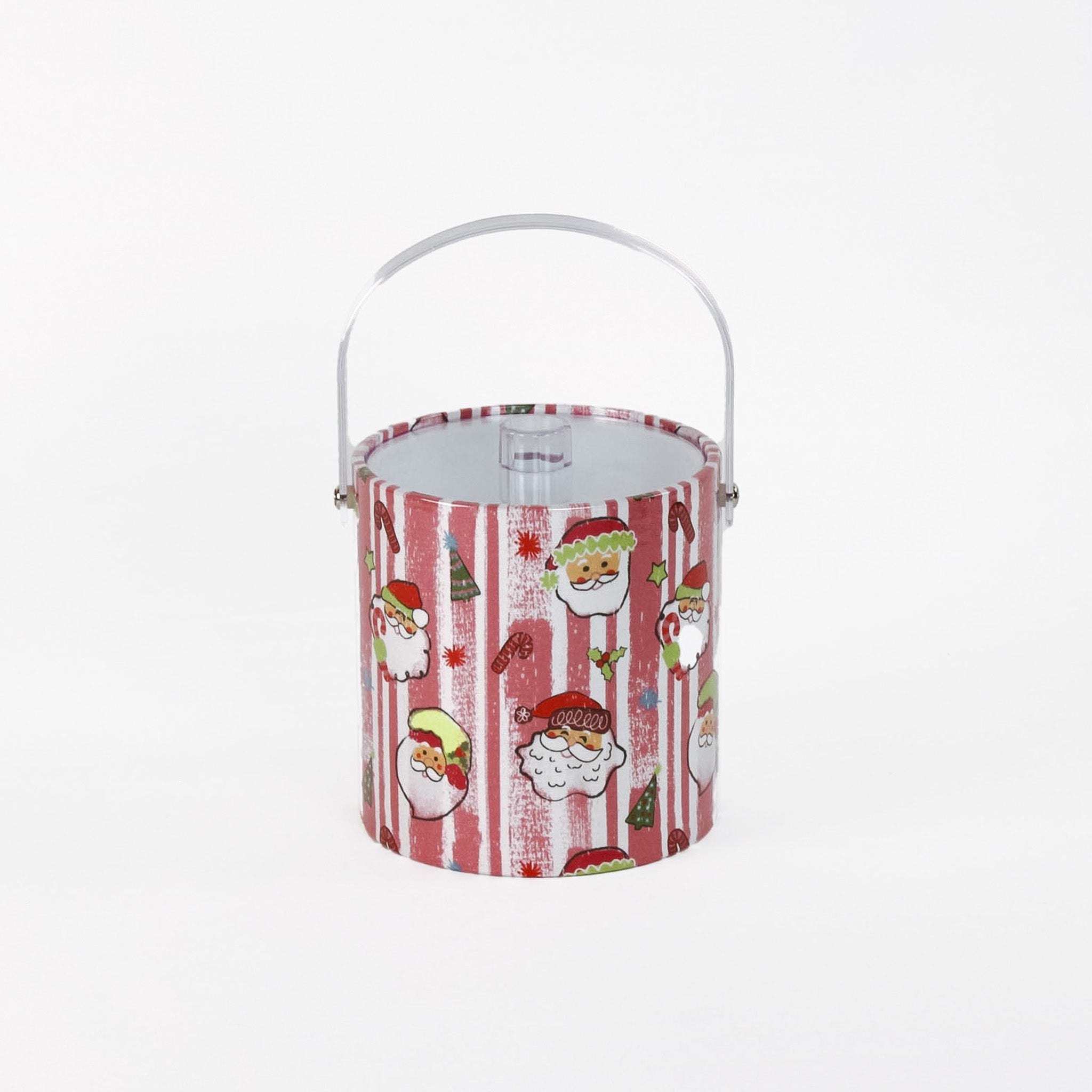 Jolly Santas is a pink and white stiped fabric with jolly santa motif on a 3 quart acrylic Christmas ice bucket