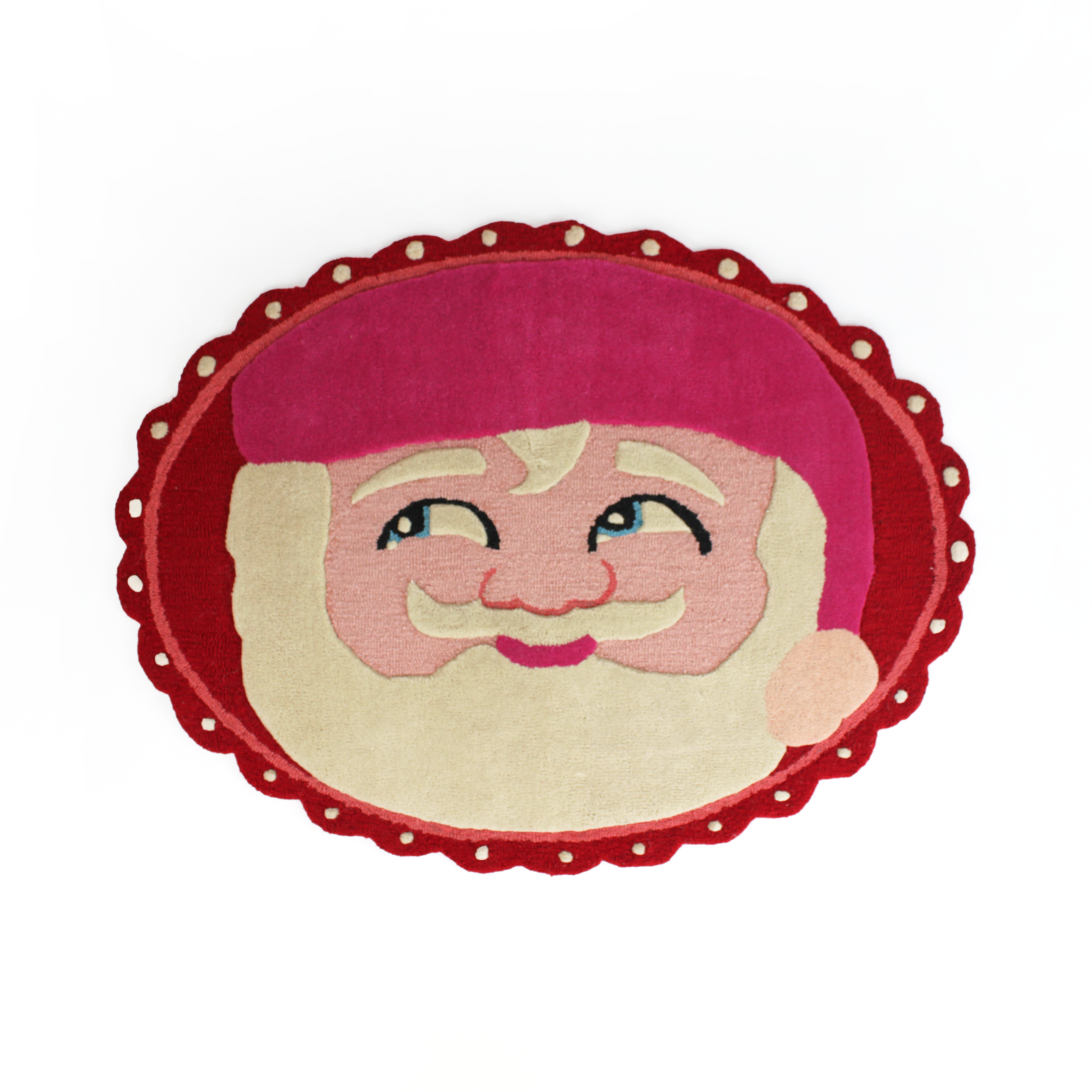 An oval Christmas rug featuring a large santa face