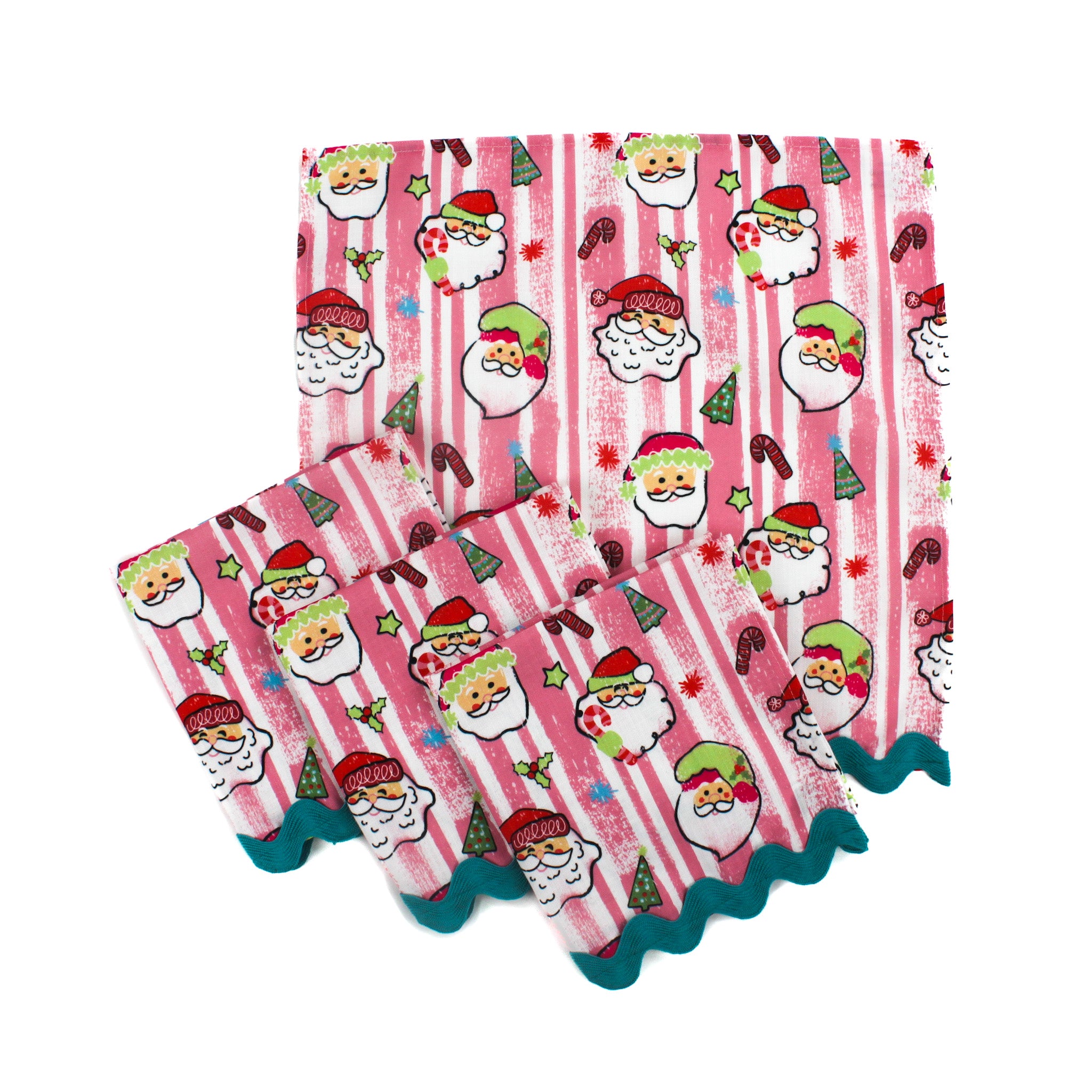 Set of Santa stripe napkins with playful Santa faces, holiday icons, and pink striped background with scalloped edge, festive table linens perfect for Christmas tea towel styling, seasonal entertaining, and holiday home décor