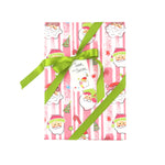 Festive Christmas gift wrap featuring cheerful Santas, playful holiday motifs, and charming pink striped patterns.