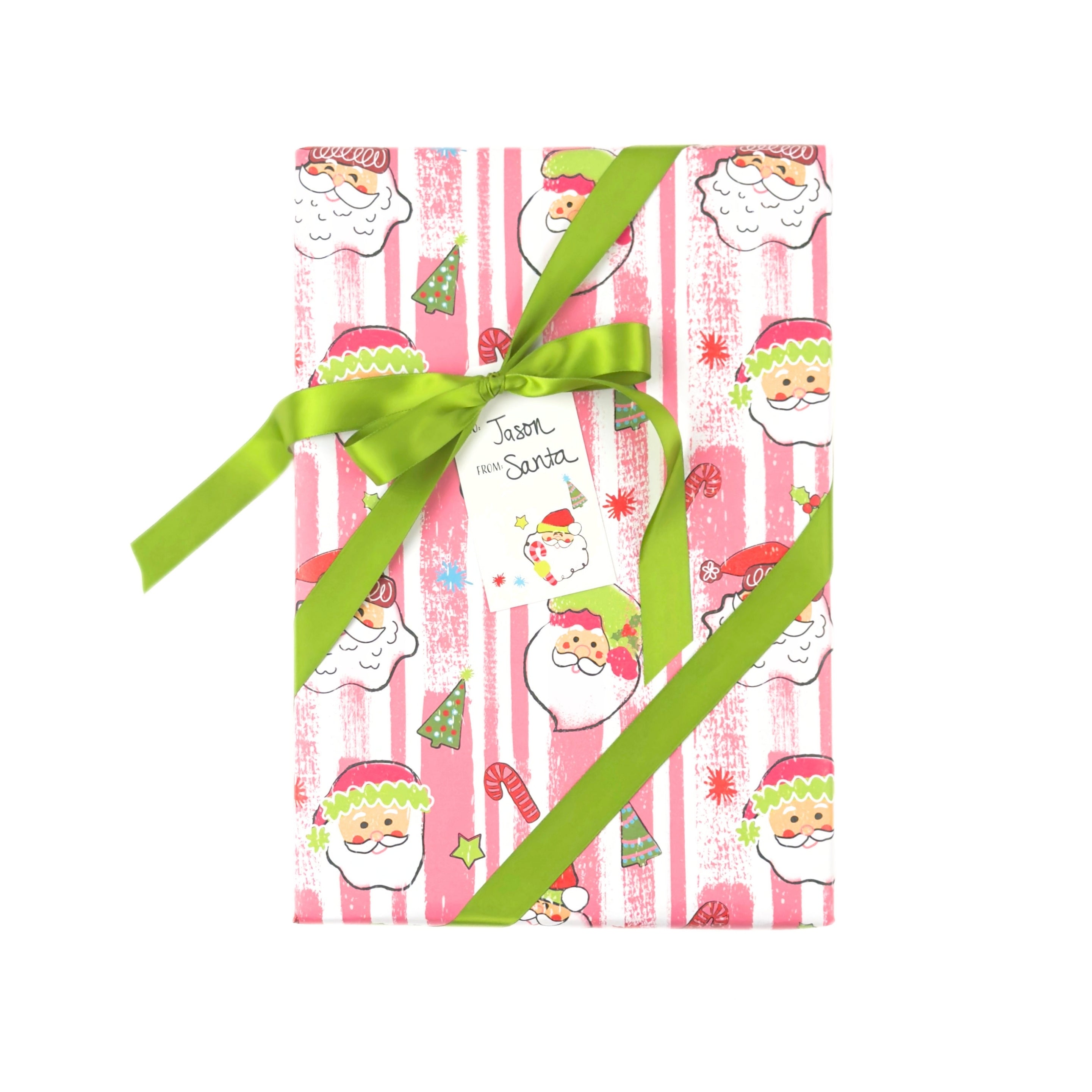 Festive Christmas gift wrap featuring cheerful Santas, playful holiday motifs, and charming pink striped patterns.