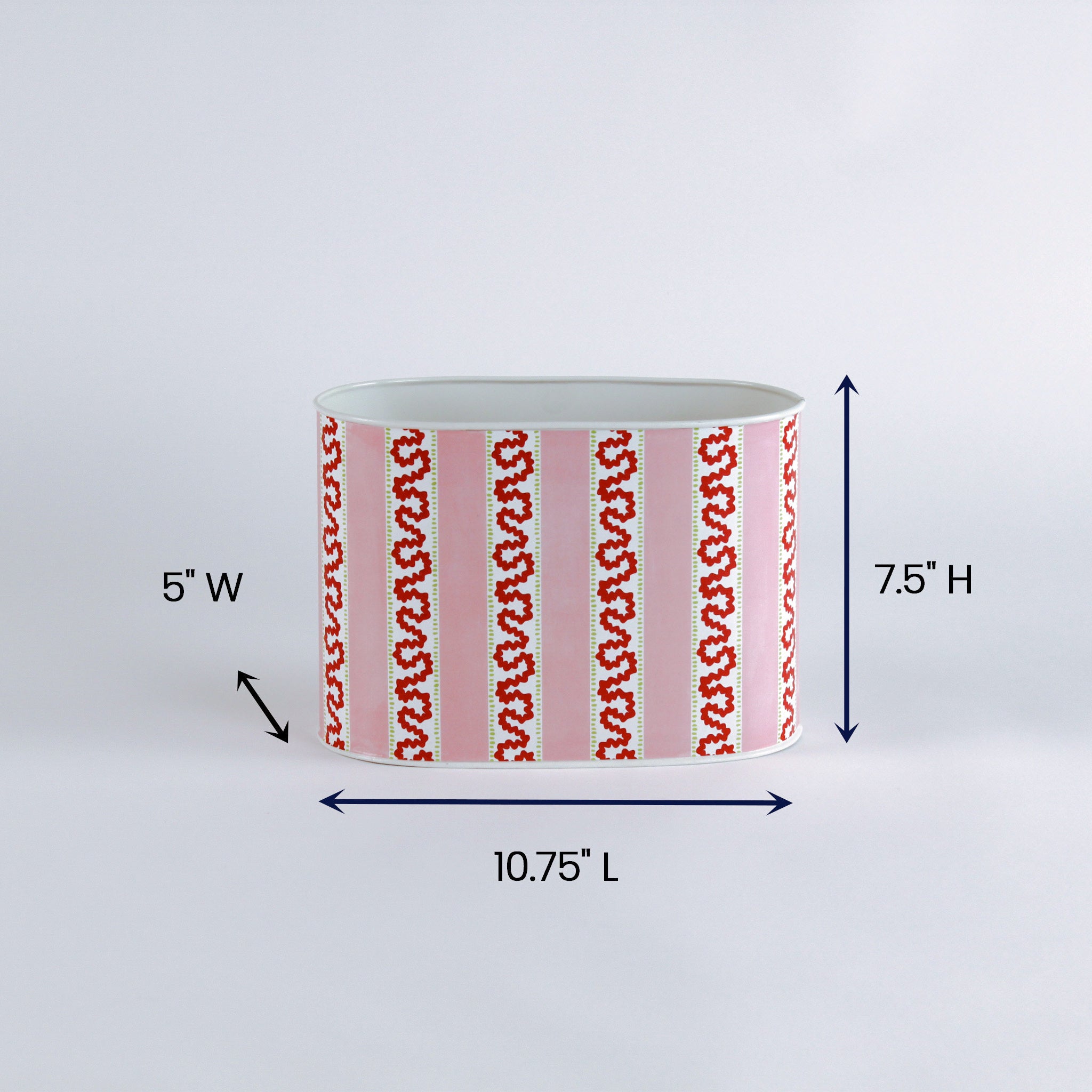 madcap Cottage caddy with red abstract patterns on a white background dimensions