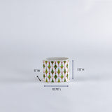 dimension size of a large decorative containers with a festive pattern on a light gray background