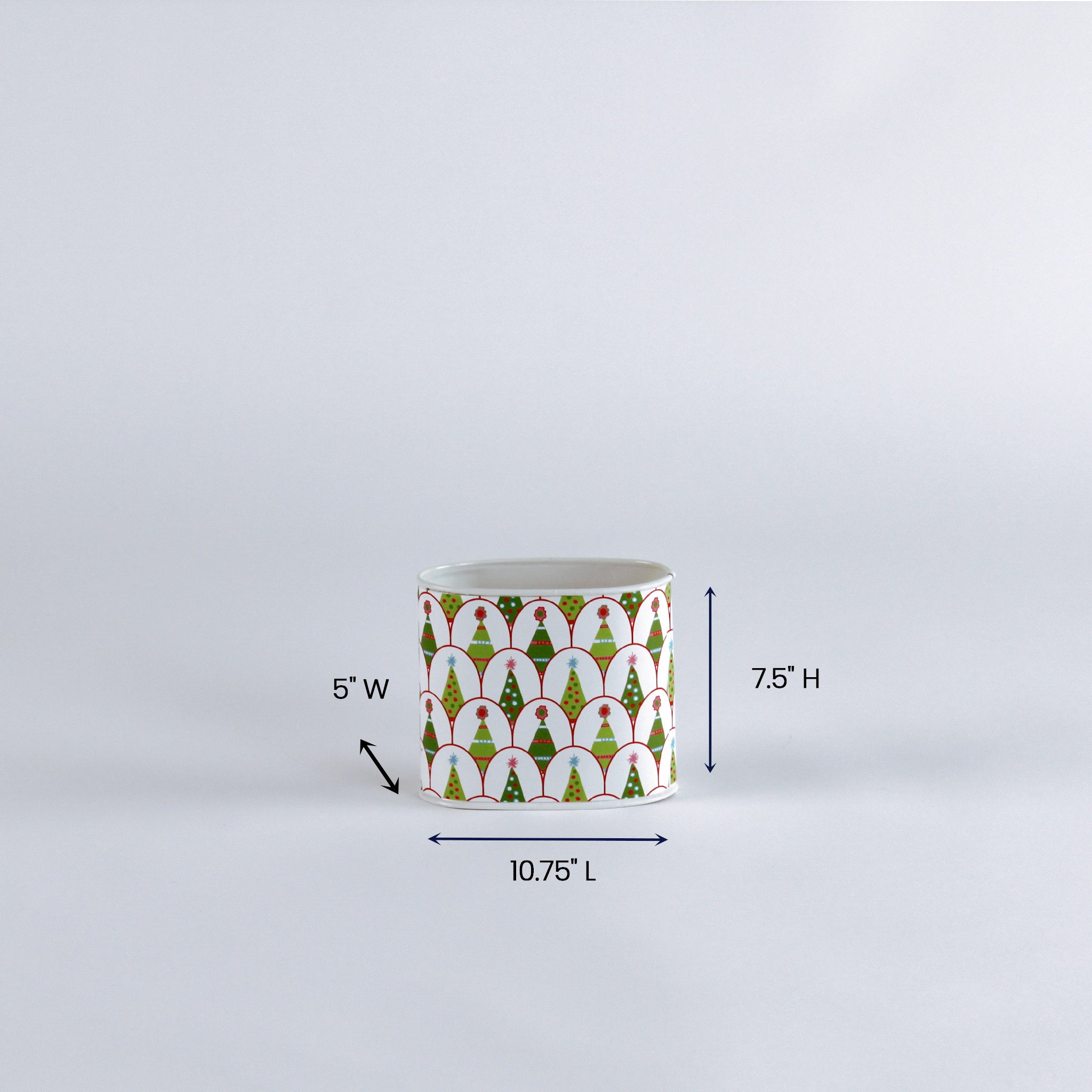 dimension size of a large decorative containers with a festive pattern on a light gray background