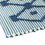 close up look of A blue/green accent rug with a lattice pattern on it