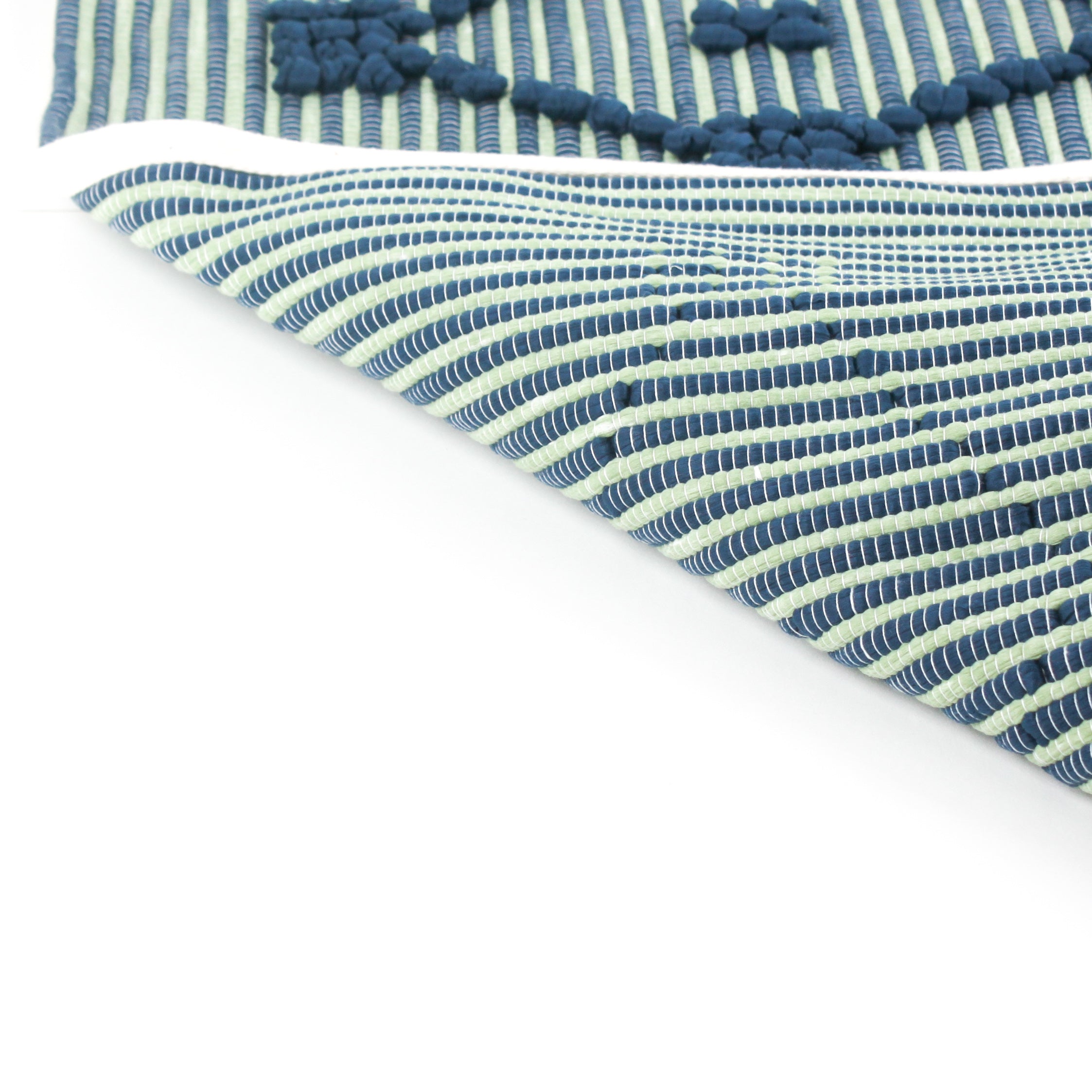 reverse of A blue/green accent rug with a lattice pattern on it