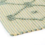 close up look of A yellow/green accent rug with a lattice pattern on it