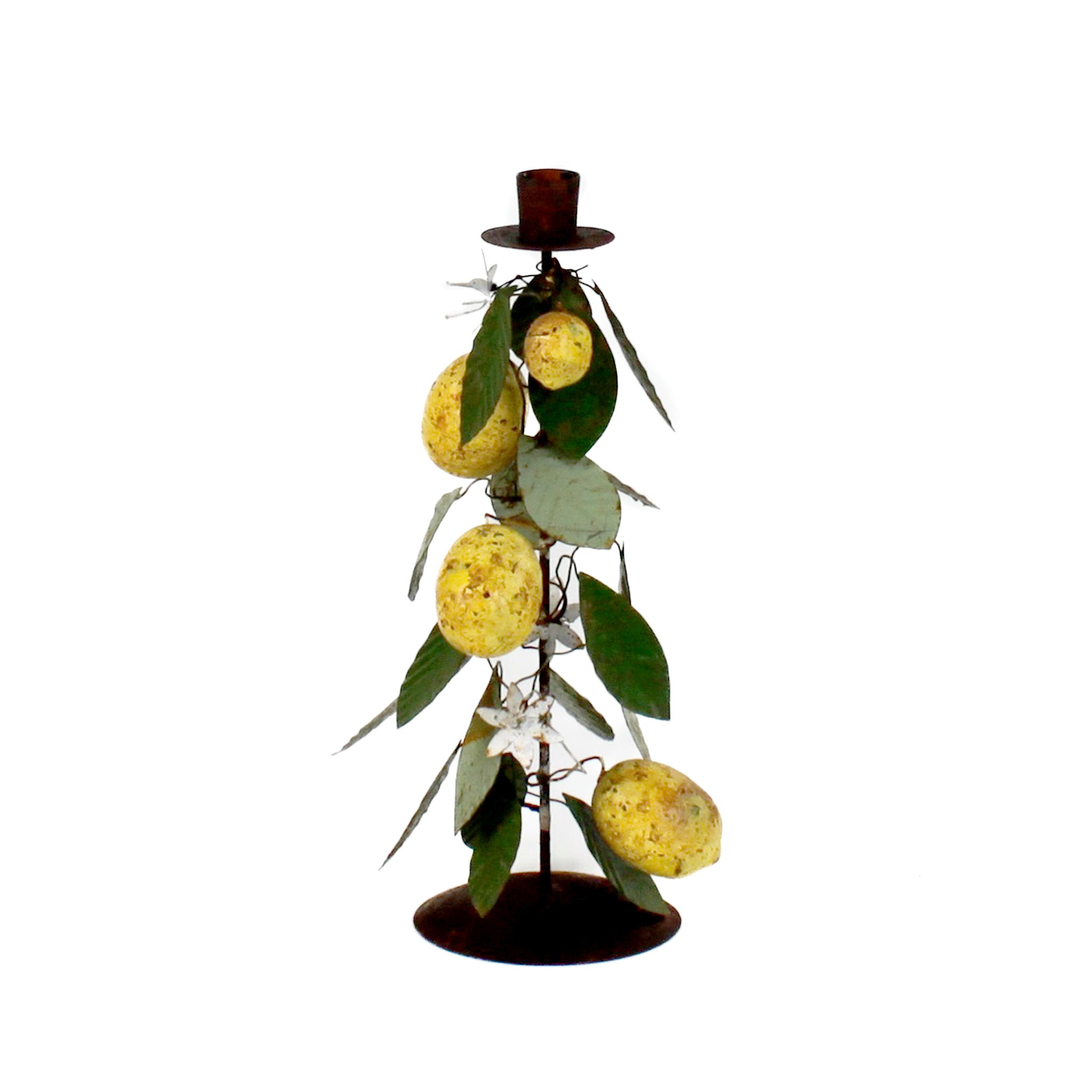 tole metal lemon candle holder with lemons and leaves on the base
