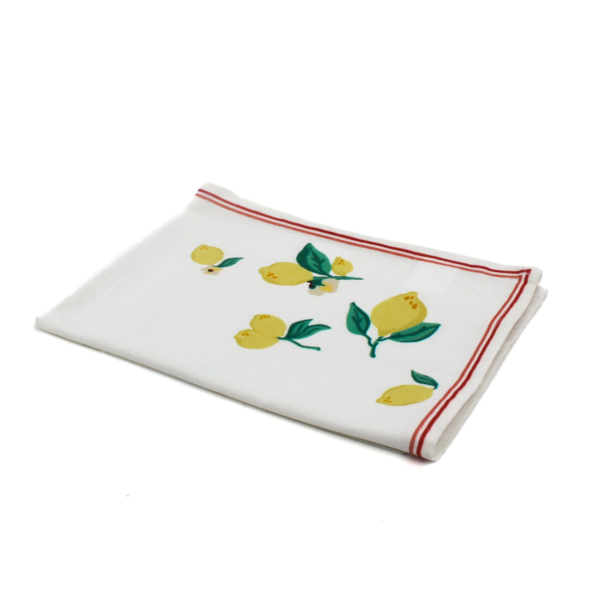 a white lemon tea towel with lemons in opposite corners and a red border resting against a white background. 