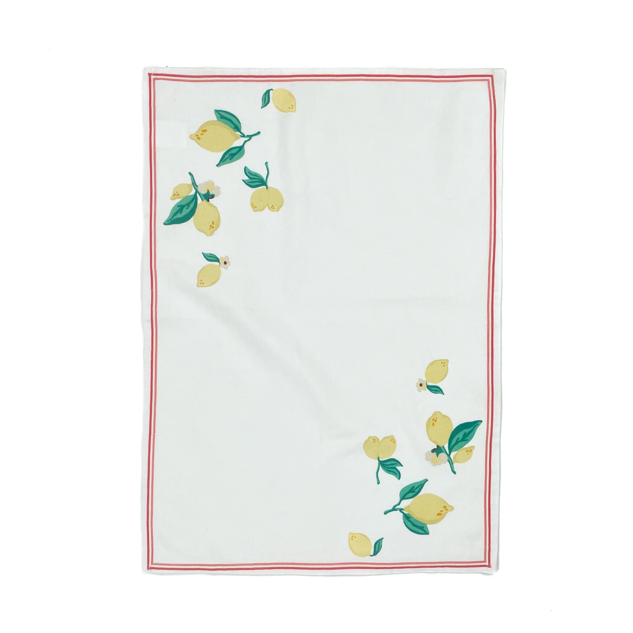 a white lemon tea towel with lemons in opposite corners and a red border resting against a white background. 
