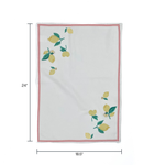 a white lemon tea towel with lemons in opposite corners and a red border resting against a white background and dimensions that read 24" x 18.5"