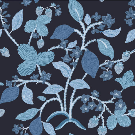 lemon and strawberry wallpaper featuring blue motifs against a dark blue background