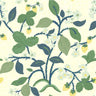 lemon and strawberry wallpaper in yellow and green motifs against a cream background