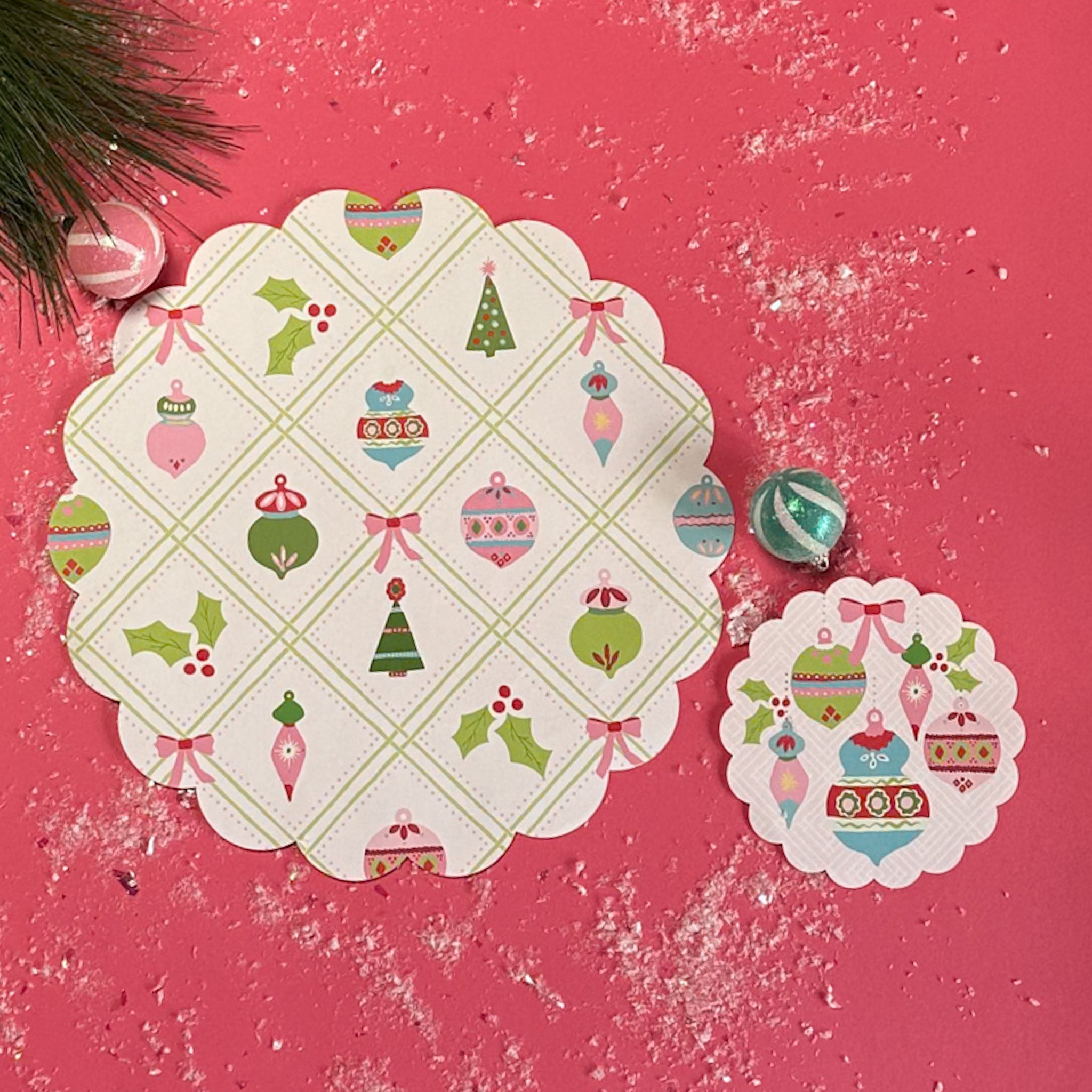 two round paper christmas doilies with a christmas ornament pattern from Madcap Cottage. 