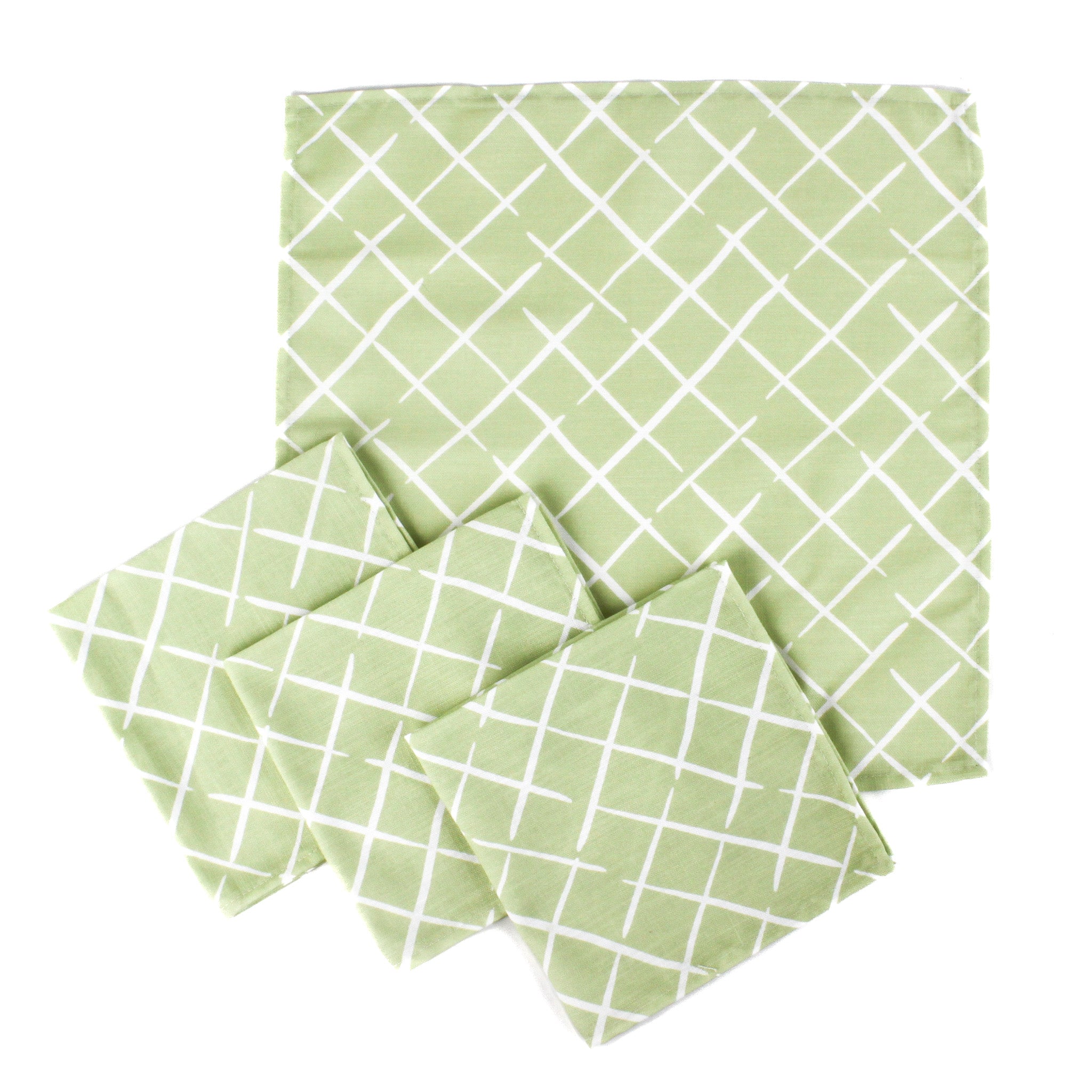 Set of green lattice pattern tea towels with white crisscross design on a white background, fresh kitchen linens perfect for Christmas tea towel styling, holiday entertaining, and seasonal home décor