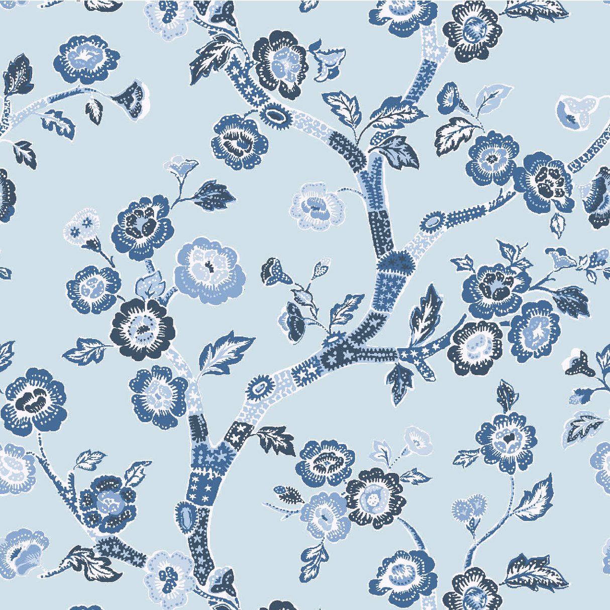 A blue and white chinoiserie fabric sample featuring blue cherry blossom motifs on a light blue background. 