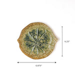 Green citrus ceramic plate with textured glaze and leaf detail, 6.875-inch decorative plate on a white background, perfect for Christmas tea towel styling, holiday tablescapes, and seasonal home décor