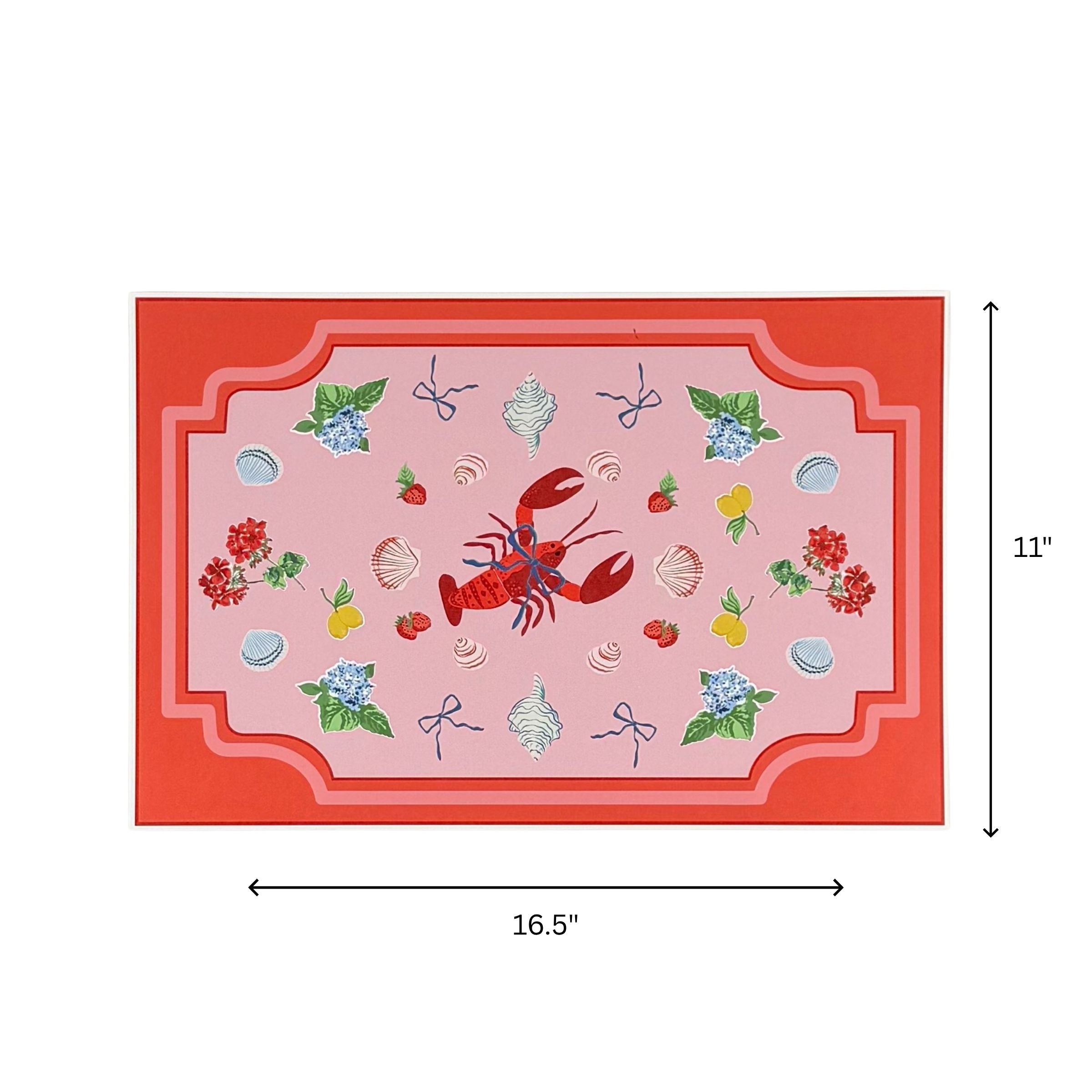 A coastal themed paper placemat featuring a lobster shells flowers and fruit design displayed with 16.5" by 11" dimensions on a white background.