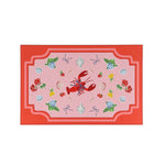 Coastal themed rectangular paper placemat featuring a lobster, seashells, florals, and fruit illustrations on a pink and coral border design.