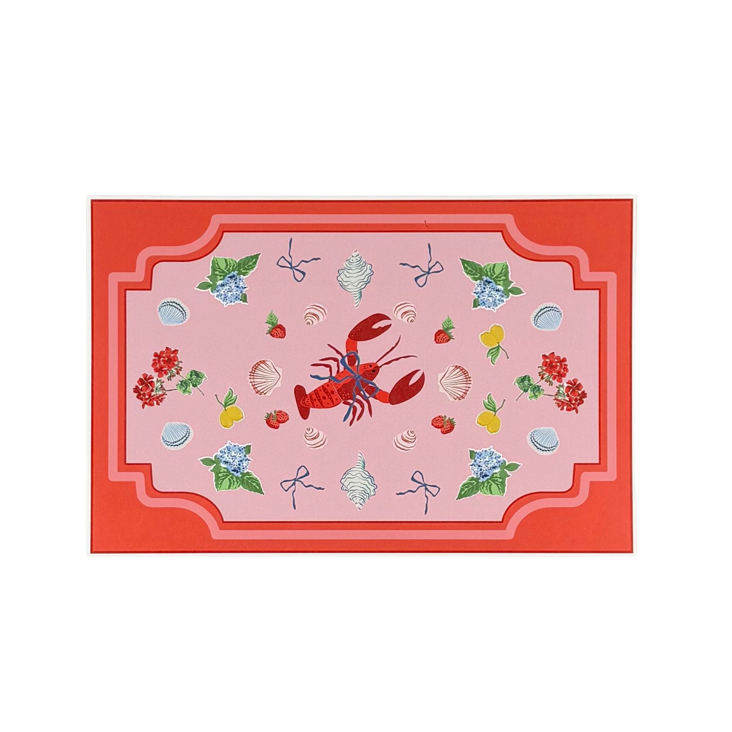Coastal themed rectangular paper placemat featuring a lobster, seashells, florals, and fruit illustrations on a pink and coral border design.