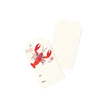 Coastal gift tags featuring a vibrant red lobster, delicate seashells, and personalized To and From fields.