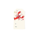 Coastal gift tags featuring a vibrant red lobster, delicate seashells, and personalized To and From fields.