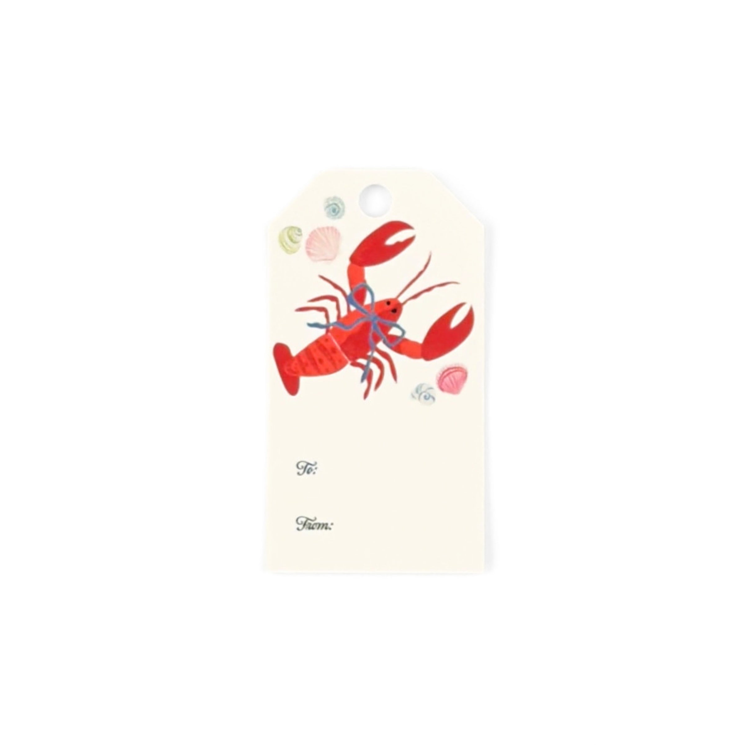 Coastal gift tags featuring a vibrant red lobster, delicate seashells, and personalized To and From fields.