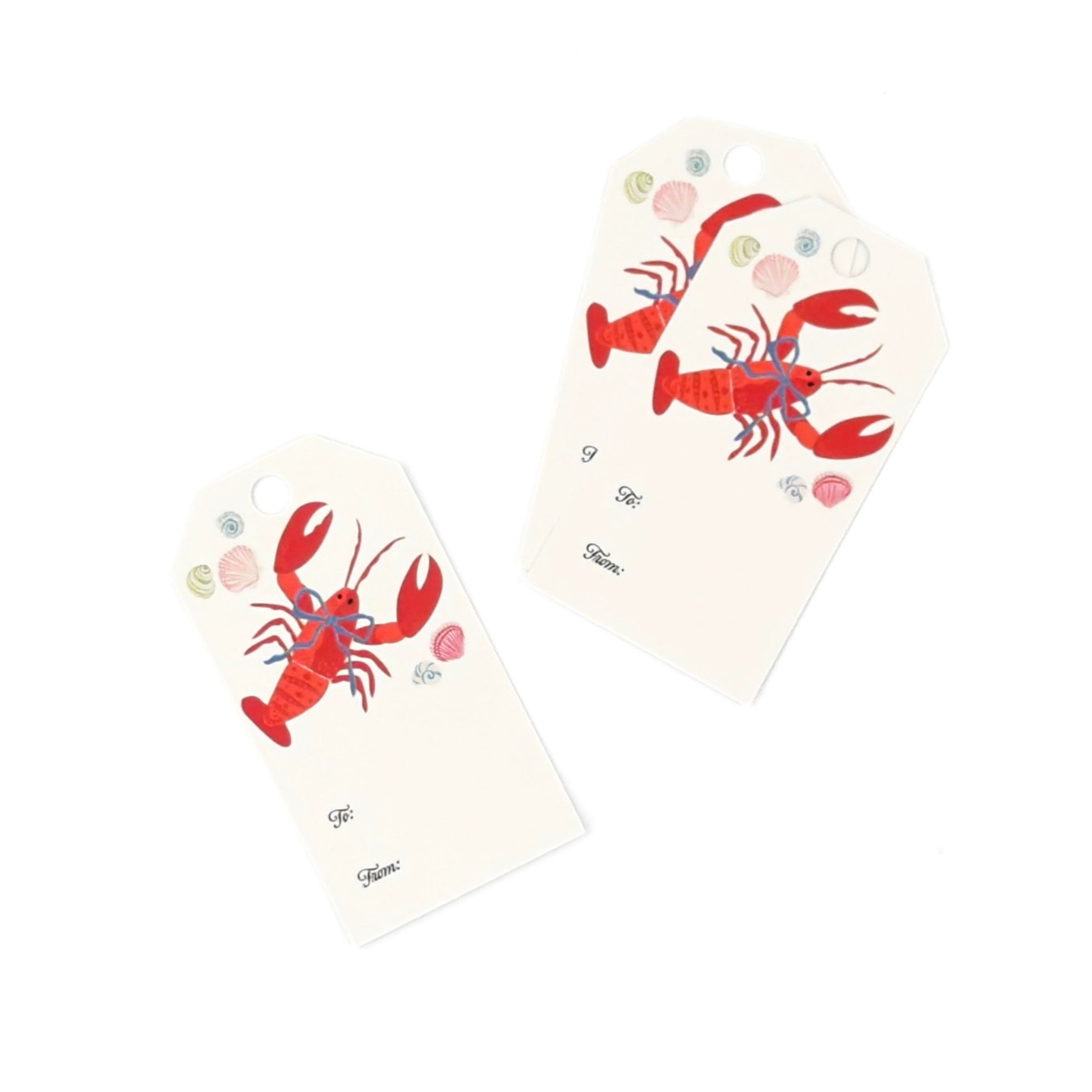 Coastal gift tags featuring a vibrant red lobster, delicate seashells, and personalized To and From fields.