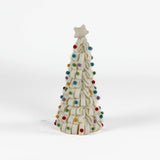 a looped felt white christmas tree table decoration iwith a white star on top and coloured felt ornaments dotted around the trees against a white background. 