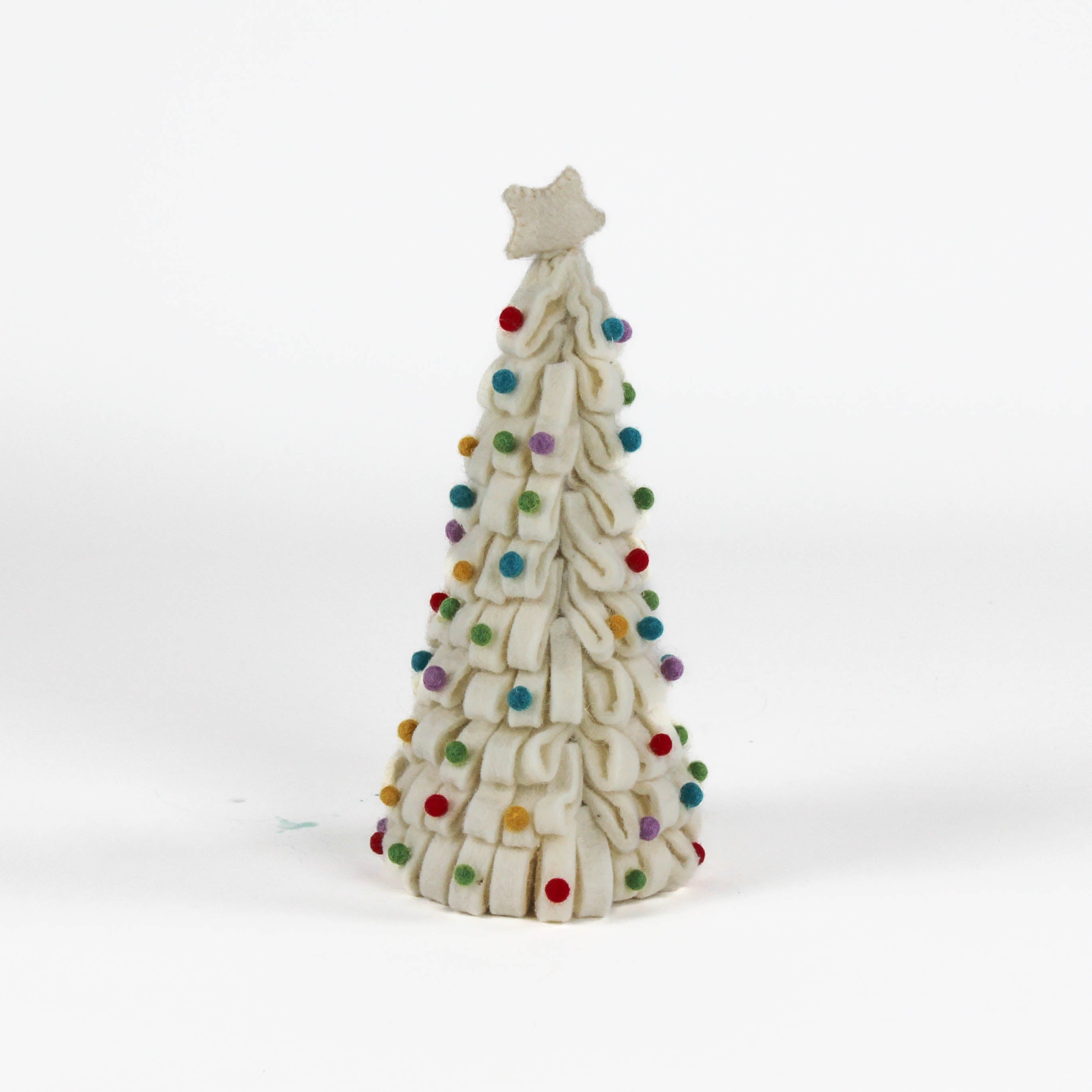 a looped felt white christmas tree table decoration iwith a white star on top and coloured felt ornaments dotted around the trees against a white background. 