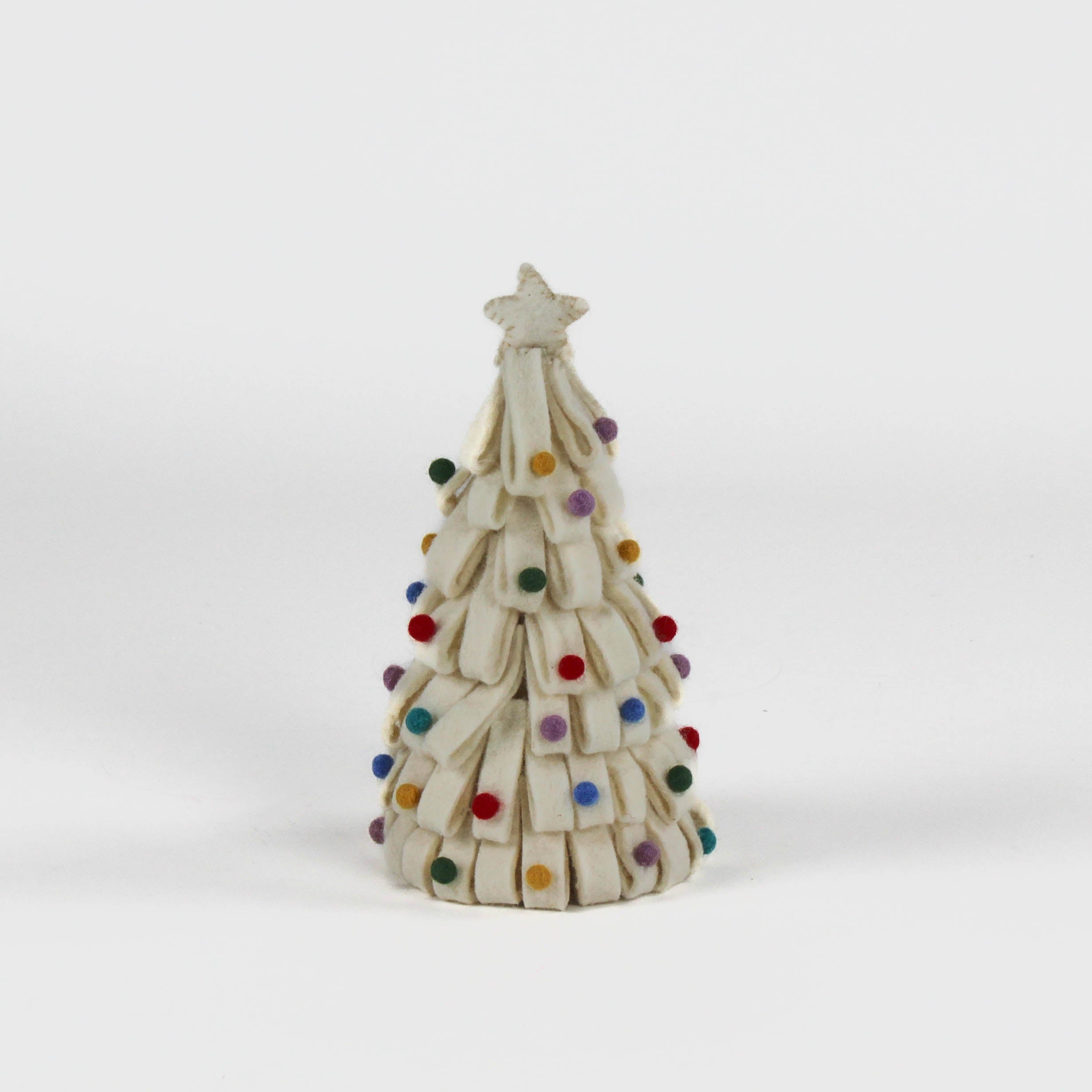 a looped felt white christmas tree table decoration iwith a white star on top and coloured felt ornaments dotted around the trees against a white background. 
