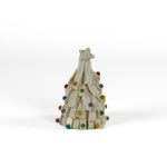 a looped felt white christmas tree table decoration iwith a white star on top and coloured felt ornaments dotted around the trees against a white background. 