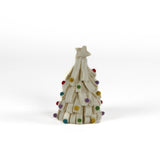 a looped felt white christmas tree table decoration iwith a white star on top and coloured felt ornaments dotted around the trees against a white background. 