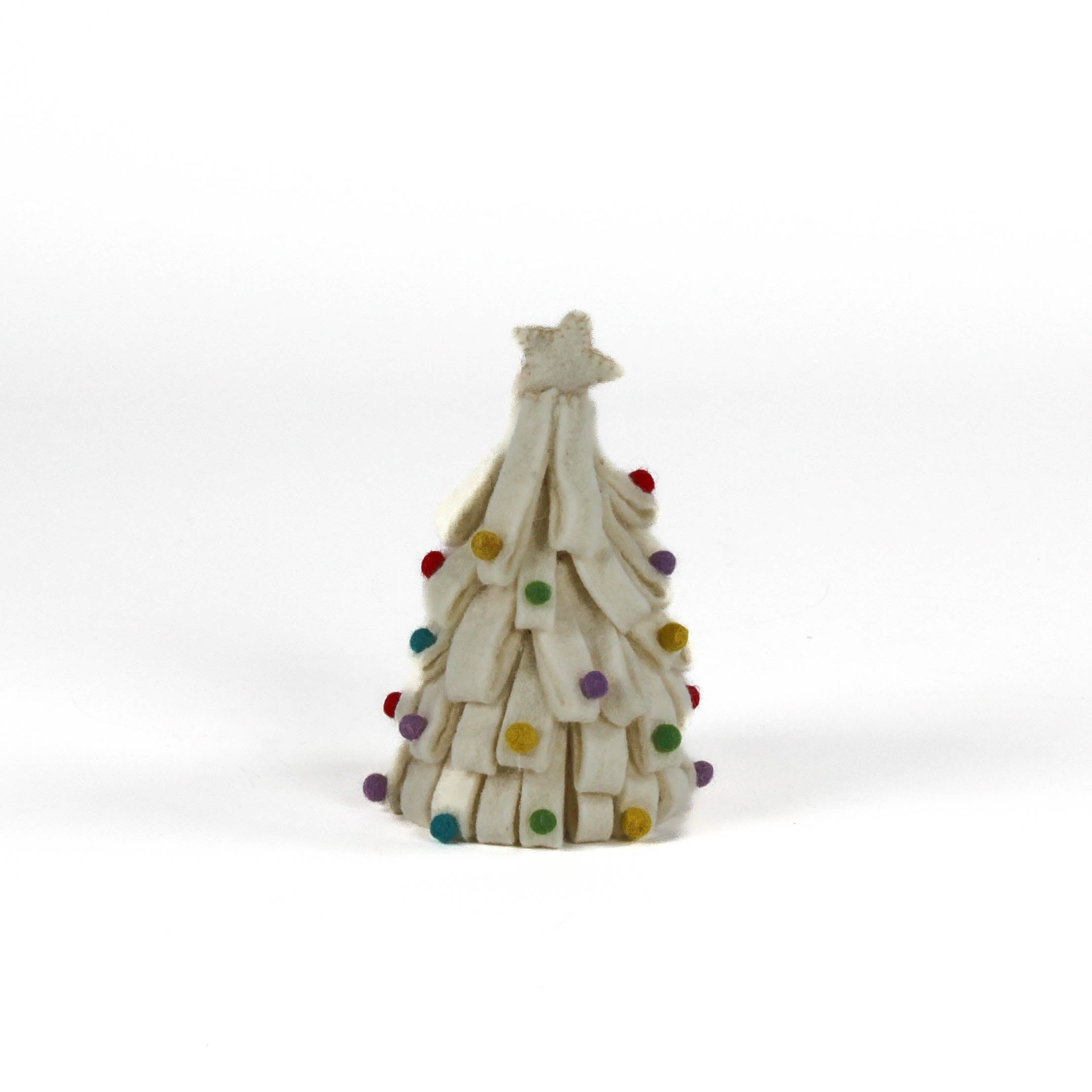 a looped felt white christmas tree table decoration iwith a white star on top and coloured felt ornaments dotted around the trees against a white background. 