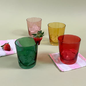 Low-Ball Colored Drinking Glasses with cocktail napkins