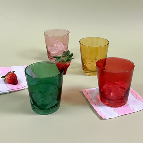 Low-Ball Colored Drinking Glasses with cocktail napkins