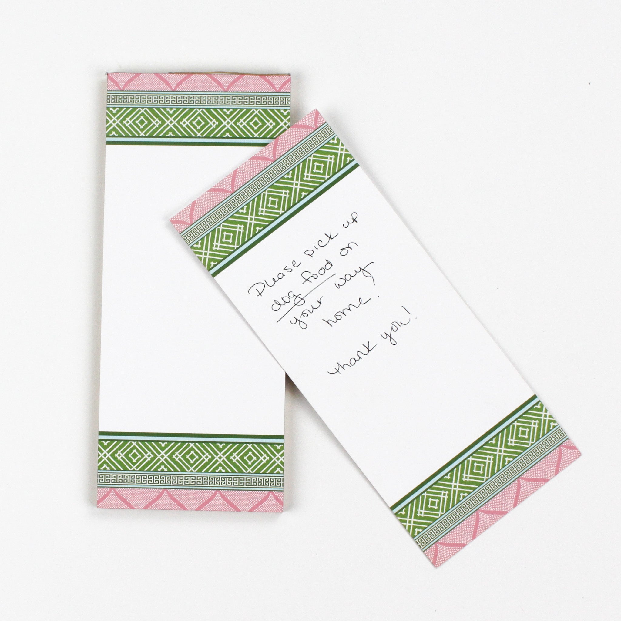 Chinoiserie Luxe Skinny Notepads with Monserrat Pink/Green design in a white background