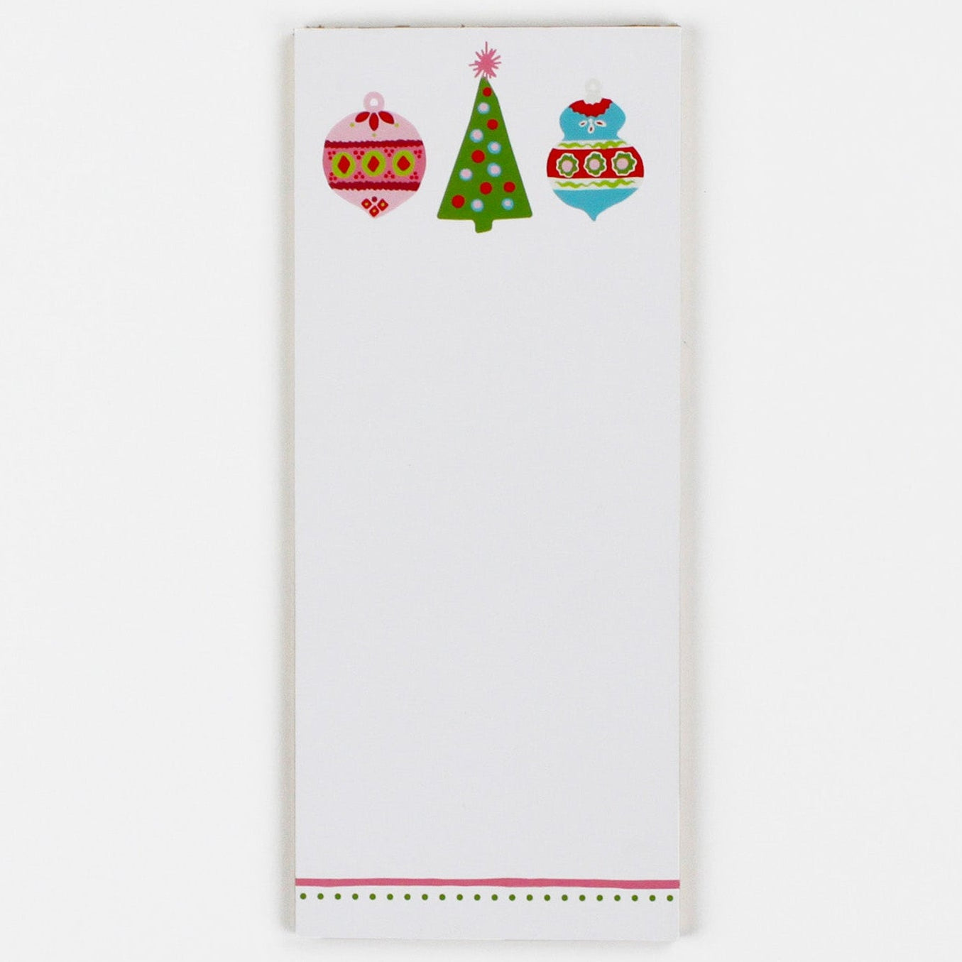 a skinny luxury christmas notepads with ornament and holly motifs against a white background.