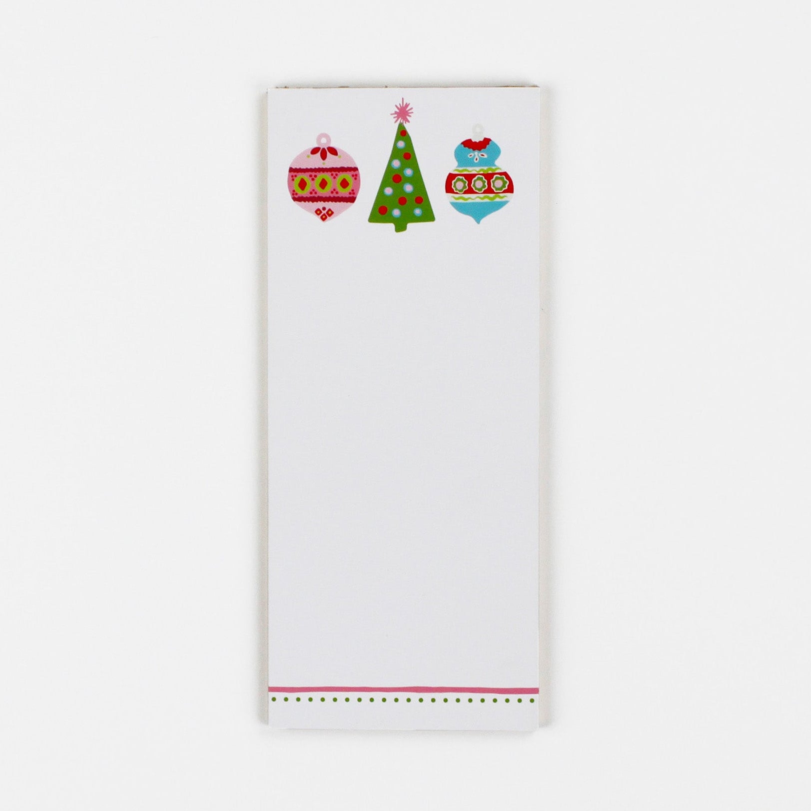 a skinny luxury christmas notepads with ornament and holly motifs against a white background.