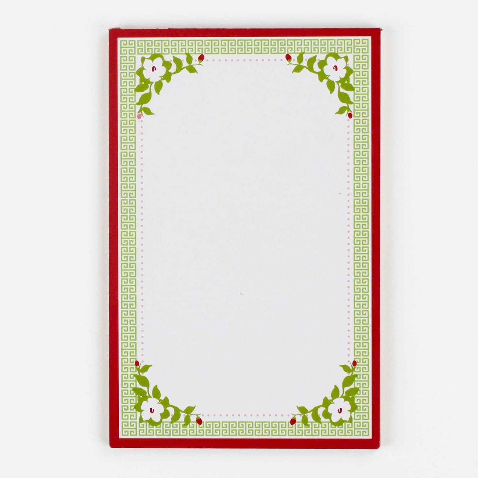 Christmas Flora Luxe notepad with red border and green floral design in white background