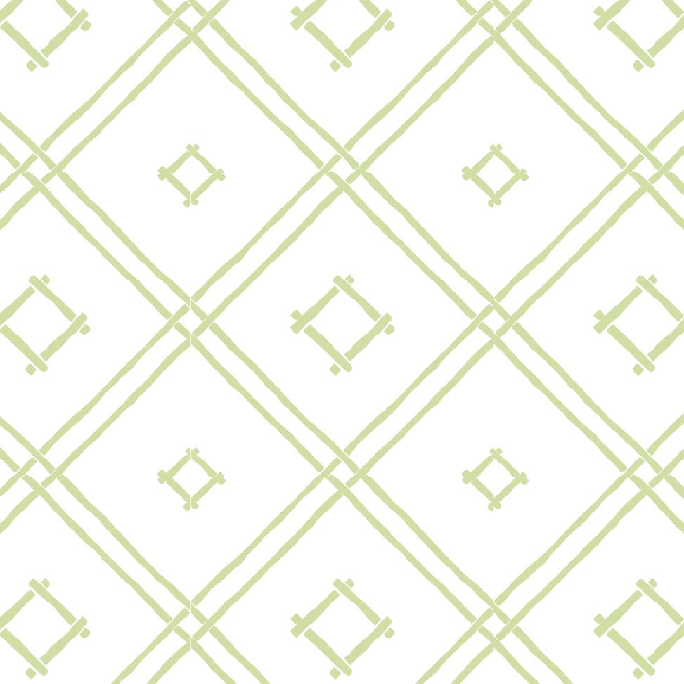 A green bamboo trellis wallpaper design on a white background from Madcap Cottage. 