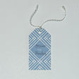 gift tag with a geometric lattice pattern in blue, with a space for personalized message.