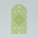 a gift tag with a geometric lattice pattern in green/yellow, with a space for personalized message.