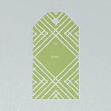 a gift tag with a geometric lattice pattern in green/yellow, with a space for personalized message.
