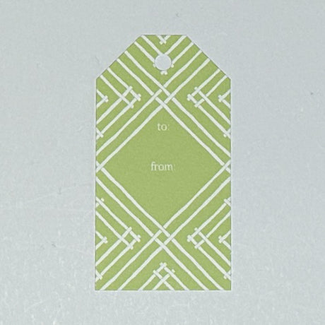 a gift tag with a geometric lattice pattern in green/yellow, with a space for personalized message.