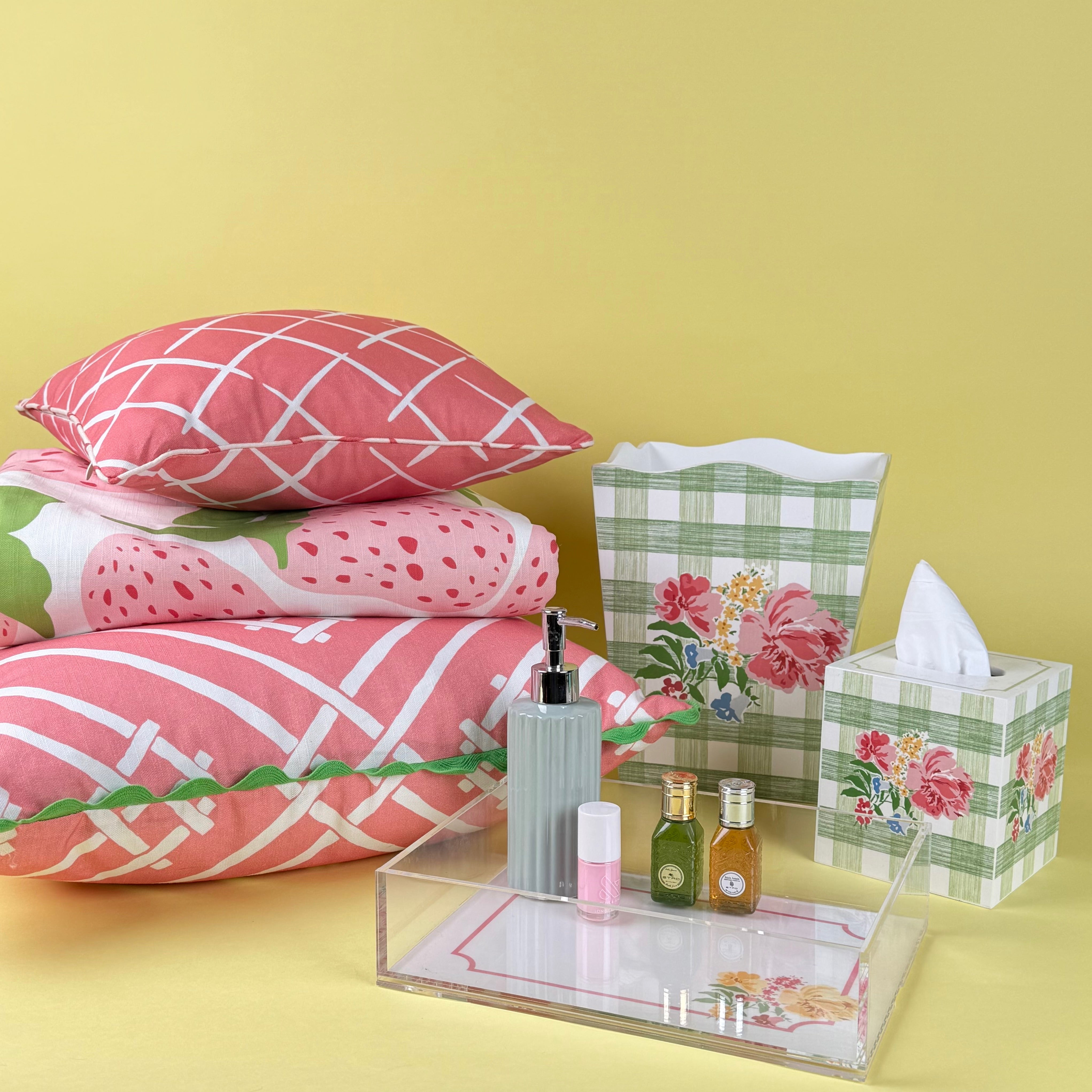 spring bed and bath collection with pillows, tray, tissue box, and decor.