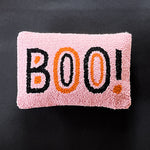 Madcap Cottage Pink halloween throw pillow with black and orange text that says Boo