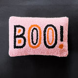 Madcap Cottage Pink halloween throw pillow with black and orange text that says Boo